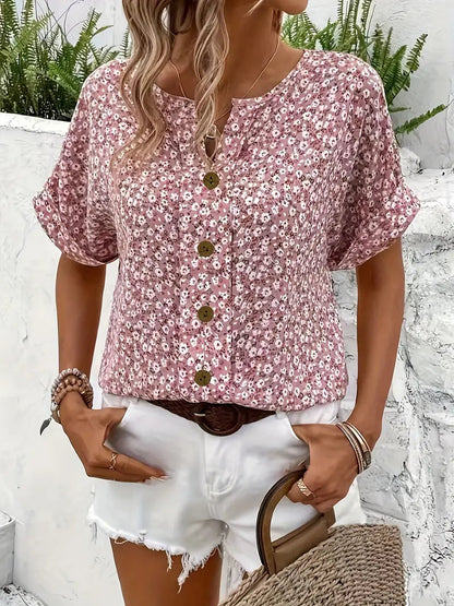 Verna | Women's Chic V-Neck Short Sleeve Loose Fit Floral Print Blouse 3