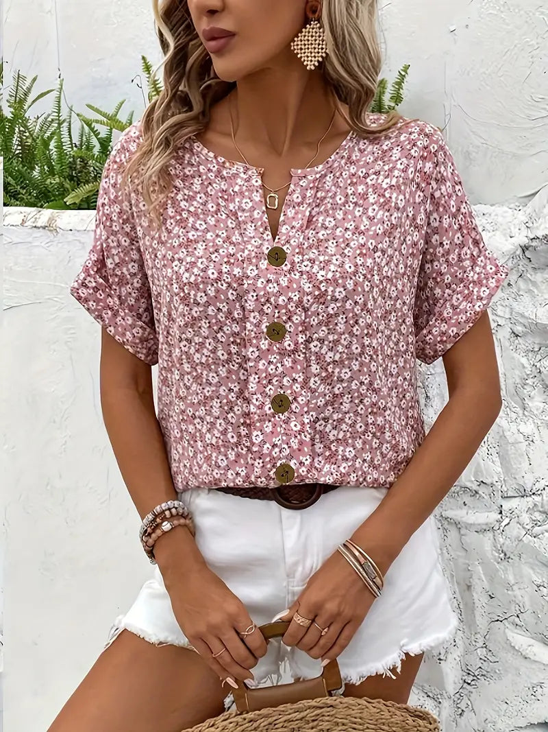 Verna | Women's Chic V-Neck Short Sleeve Loose Fit Floral Print Blouse 4