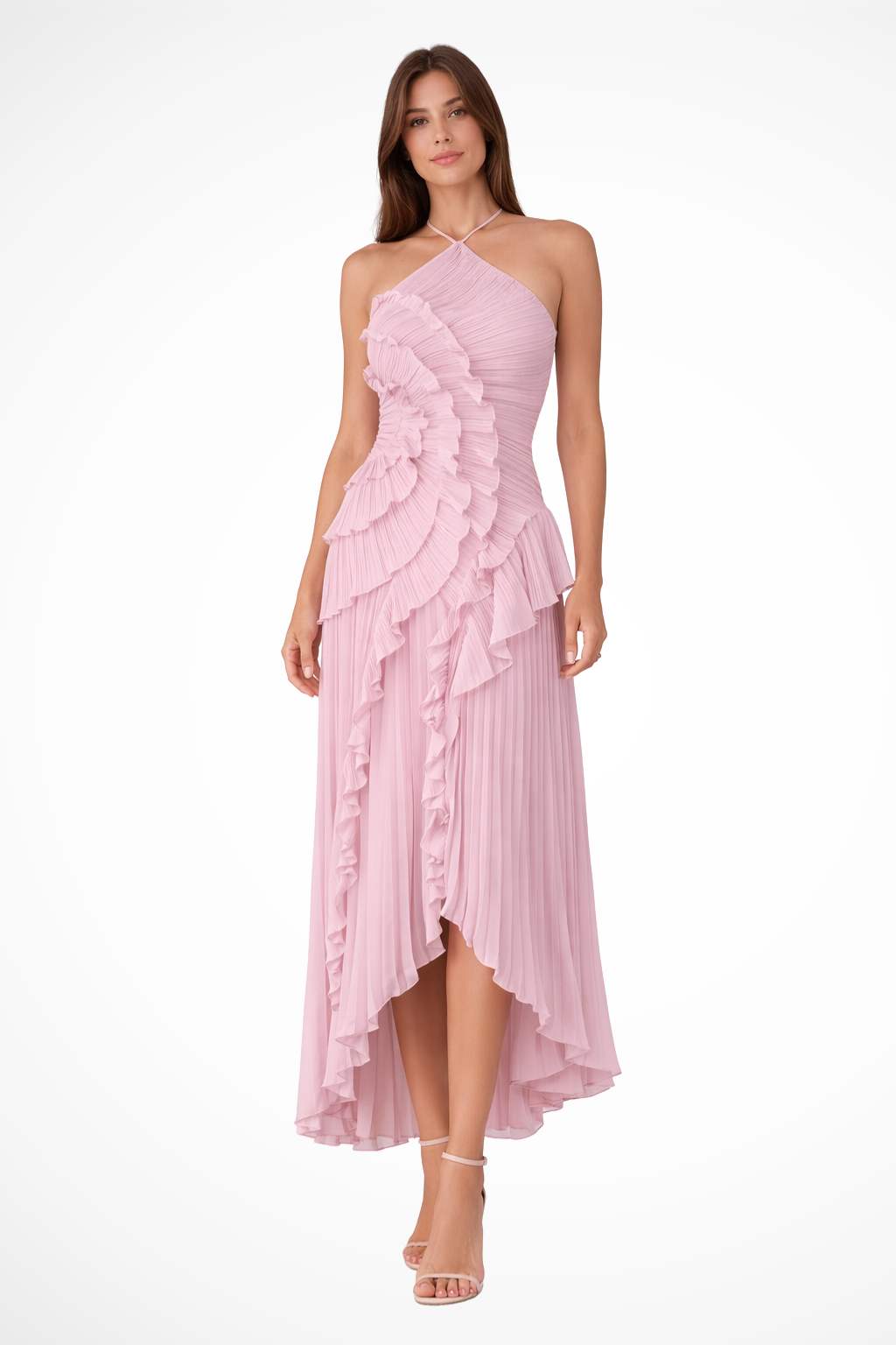 Wedding Guest Chiffon Asymmetrical Halter Ruffle Maxi Dress | Mira 1