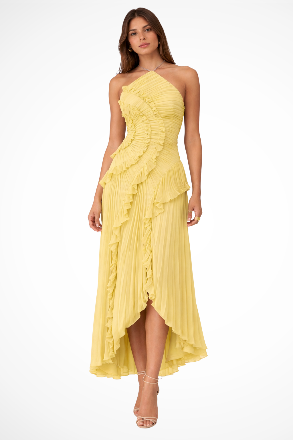 Wedding Guest Chiffon Asymmetrical Halter Ruffle Maxi Dress | Mira 2