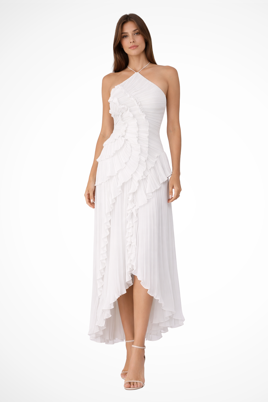 Wedding Guest Chiffon Asymmetrical Halter Ruffle Maxi Dress | Mira 3
