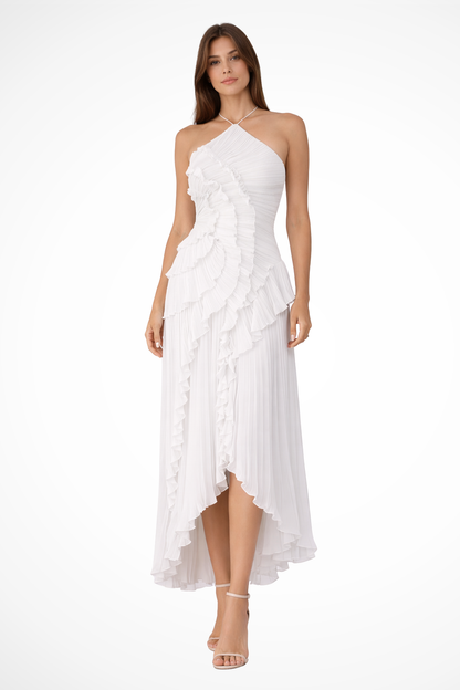 Wedding Guest Chiffon Asymmetrical Halter Ruffle Maxi Dress | Mira 3