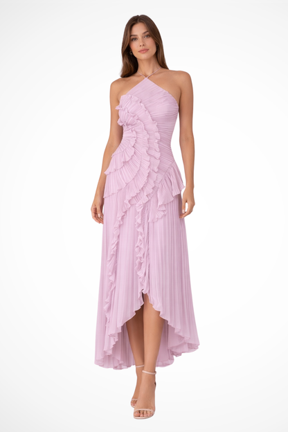 Wedding Guest Chiffon Asymmetrical Halter Ruffle Maxi Dress | Mira 4