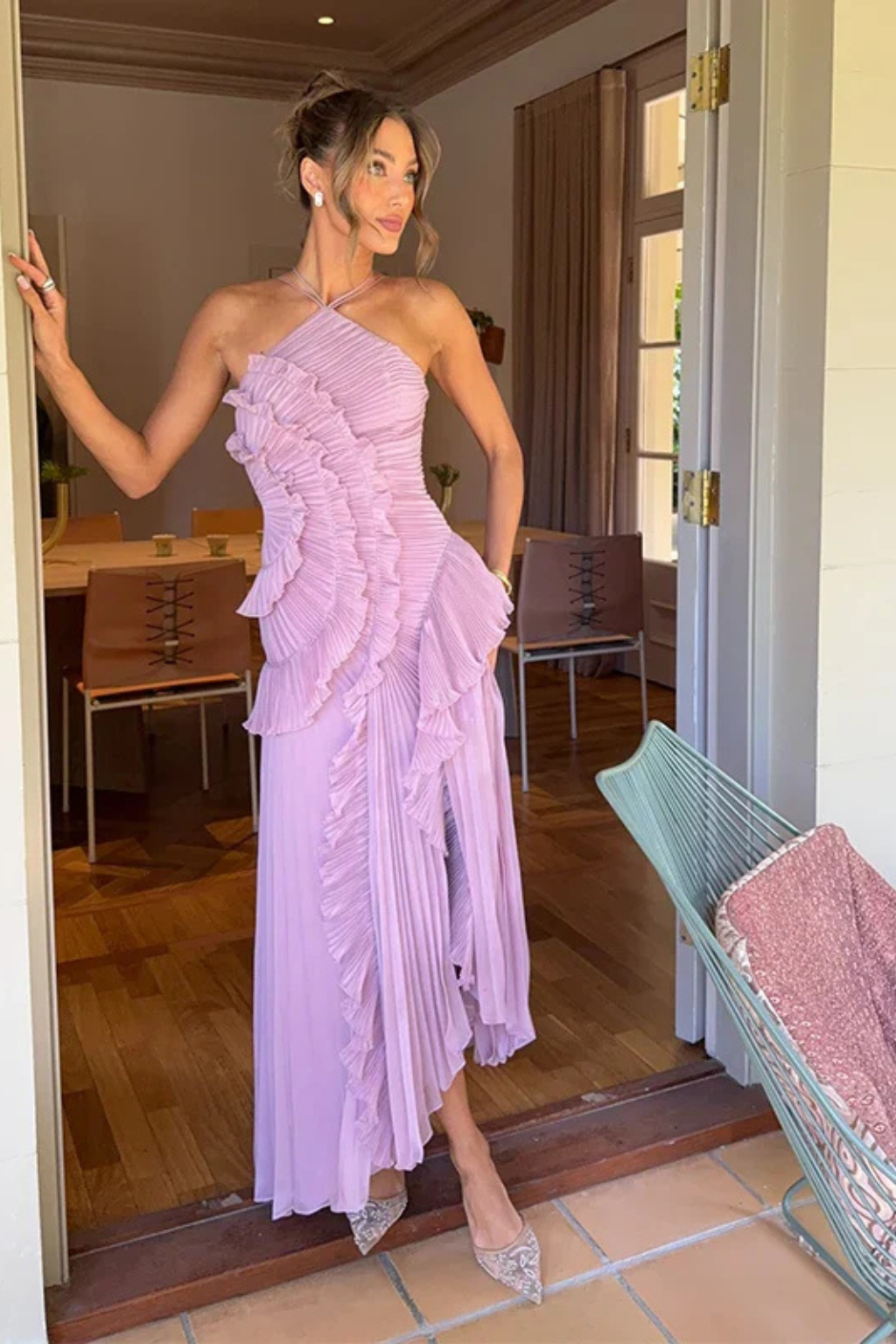 Wedding Guest Chiffon Asymmetrical Halter Ruffle Maxi Dress | Mira 5