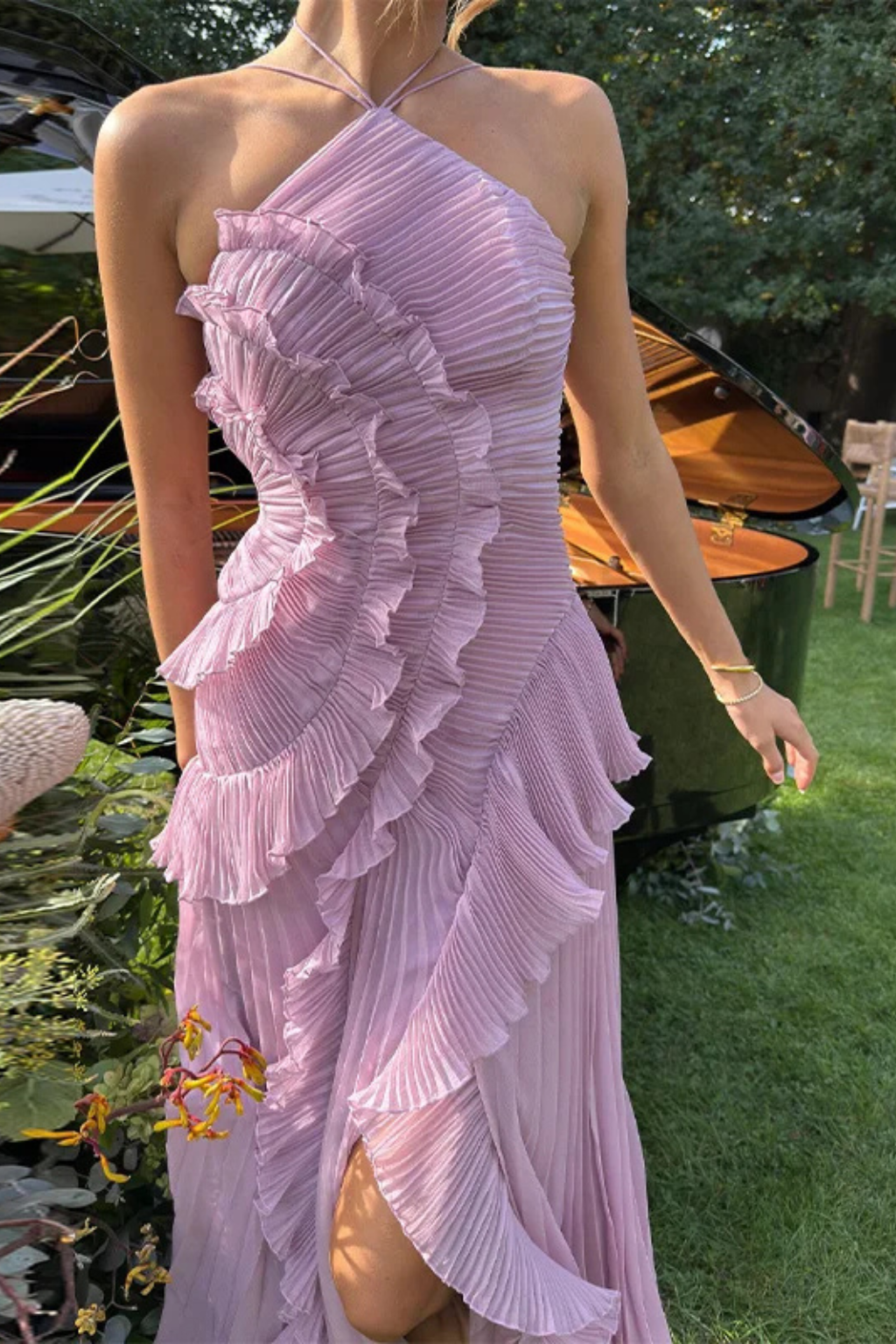 Wedding Guest Chiffon Asymmetrical Halter Ruffle Maxi Dress | Mira 6
