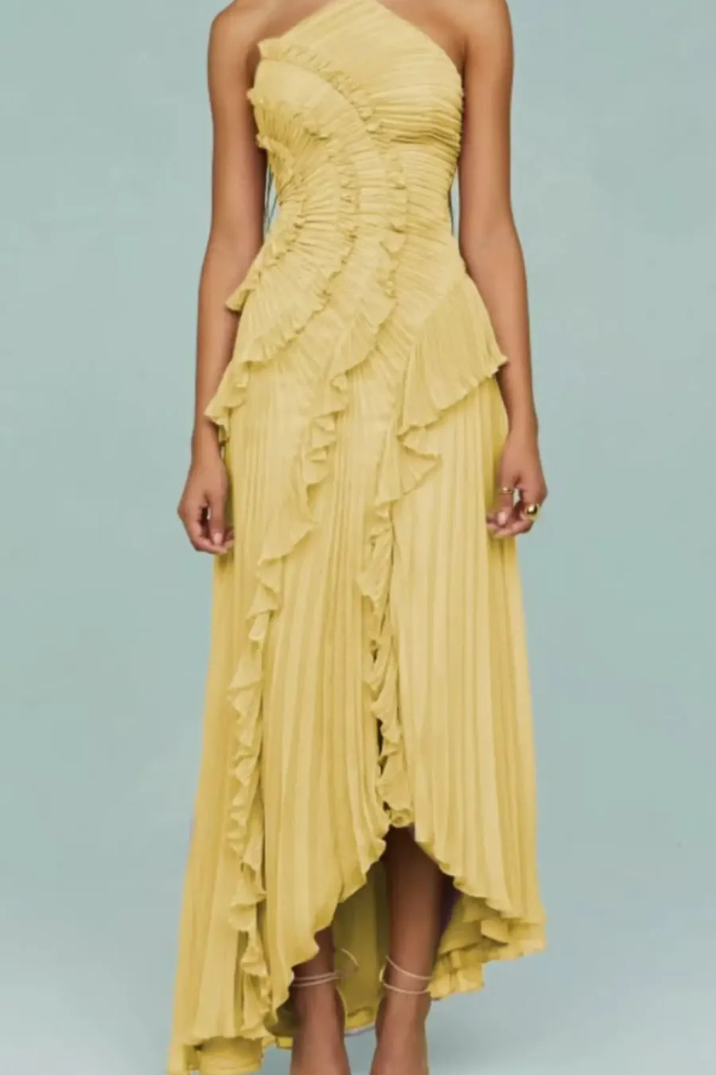 Wedding Guest Chiffon Asymmetrical Halter Ruffle Maxi Dress | Mira 7