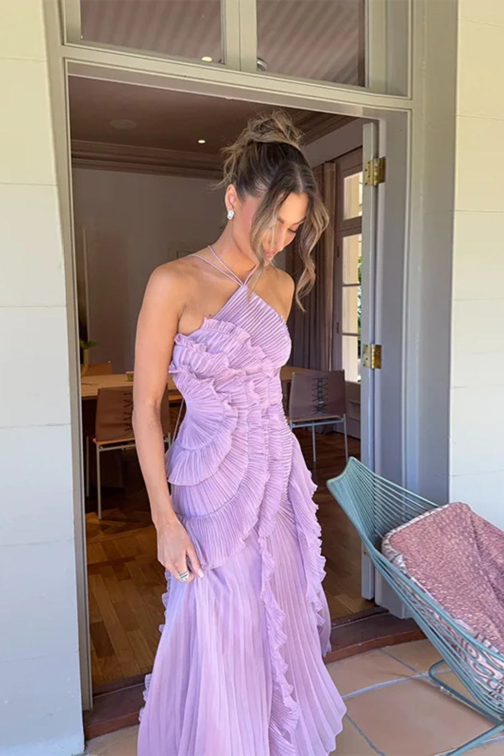 Wedding Guest Chiffon Asymmetrical Halter Ruffle Maxi Dress | Mira 8
