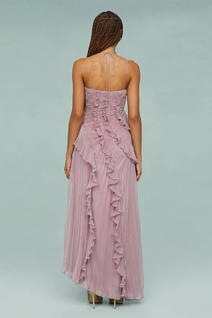 Wedding Guest Chiffon Asymmetrical Halter Ruffle Maxi Dress | Mira 9