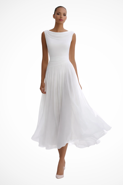 Wedding Guest Chiffon Draped Pleated Midi Dress | Mira 1