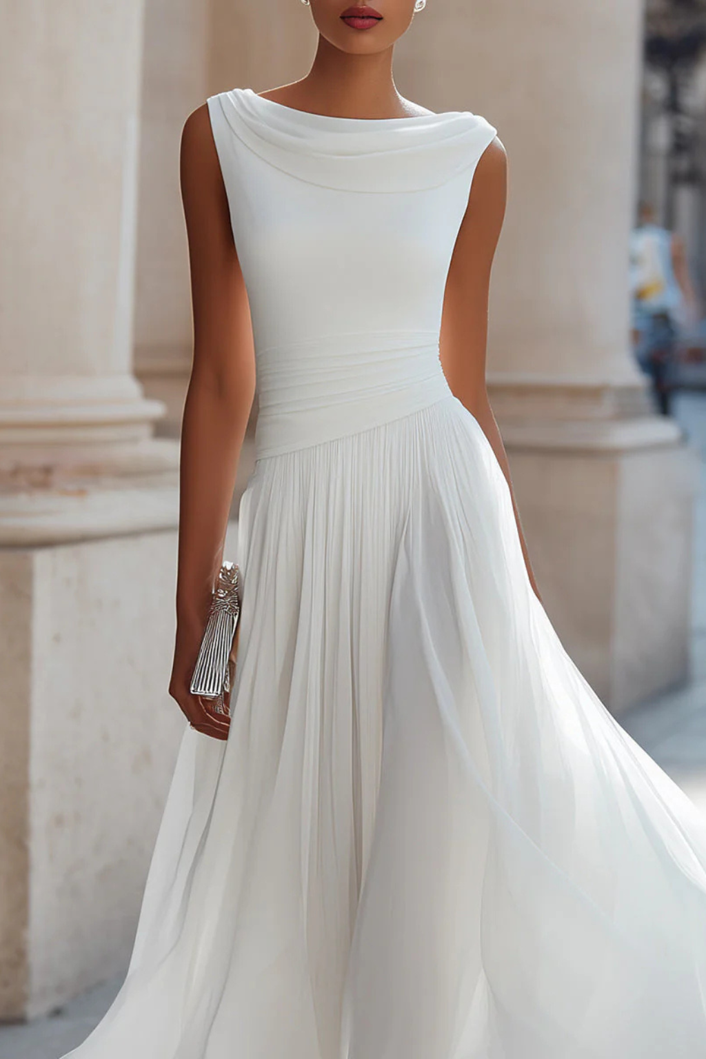 Wedding Guest Chiffon Draped Pleated Midi Dress | Mira 2