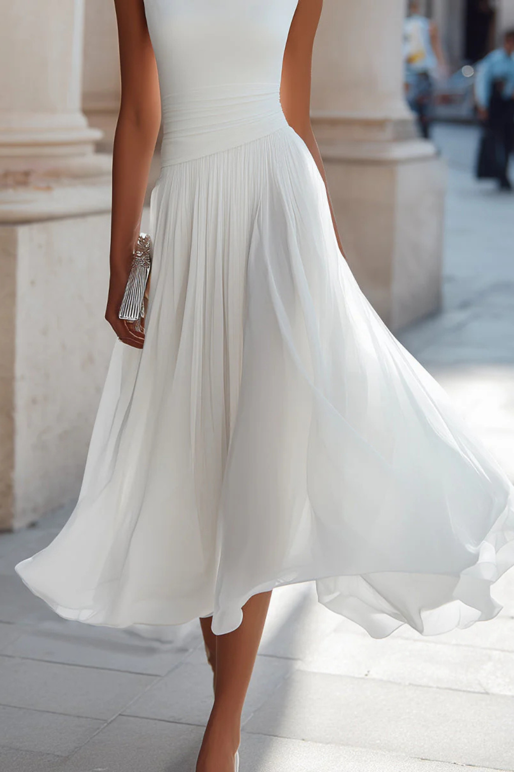 Wedding Guest Chiffon Draped Pleated Midi Dress | Mira 4