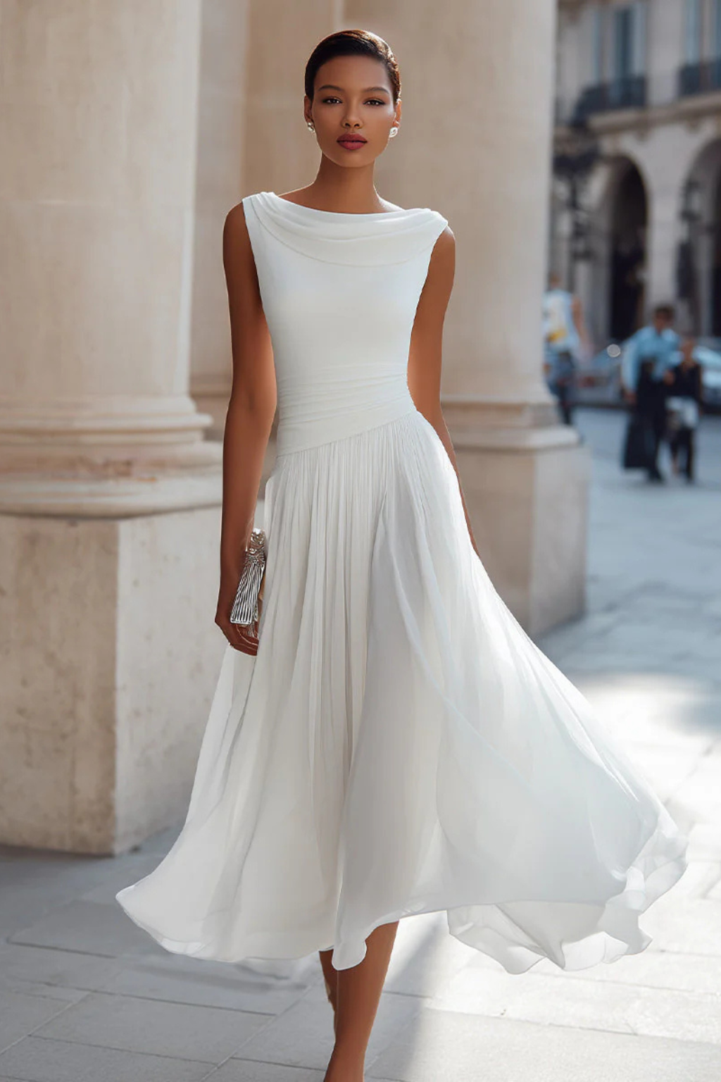 Wedding Guest Chiffon Draped Pleated Midi Dress | Mira 6