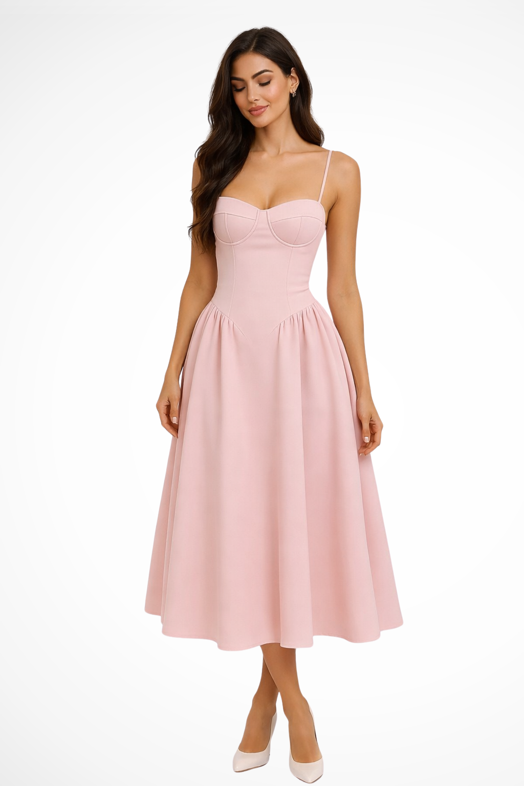 Wedding Guest Satin Corset A-Line Midi Dress | Mira 1
