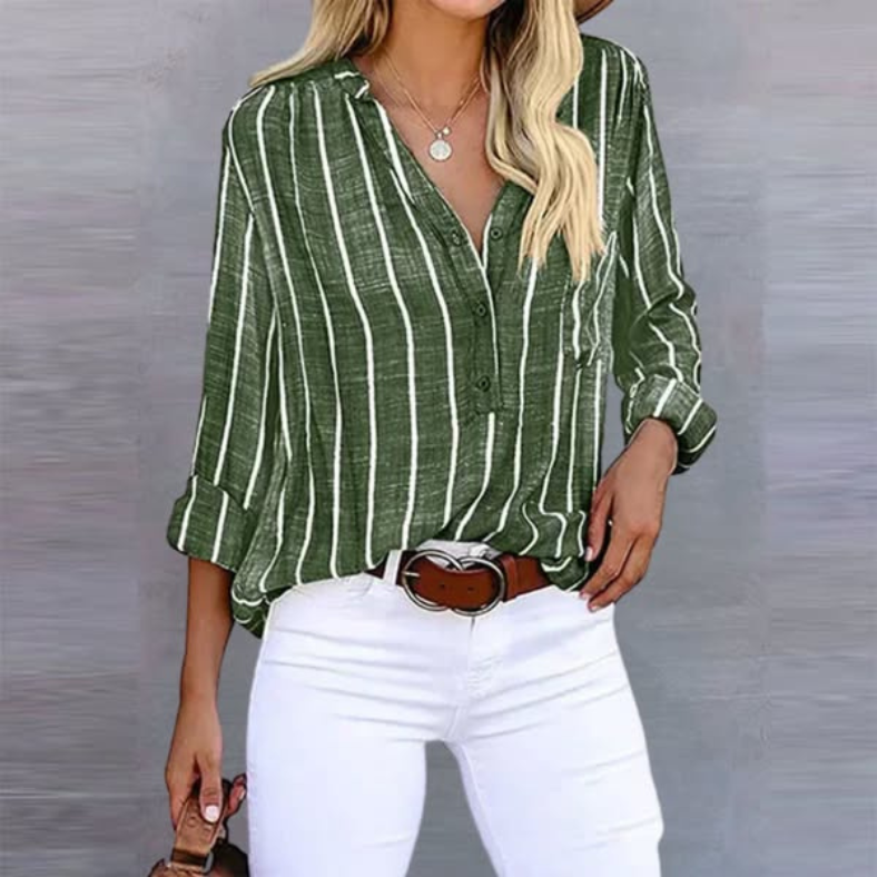 Zoe | Women's Casual Relaxed Fit Vertical Stripe Long Sleeve Button Down Top 3