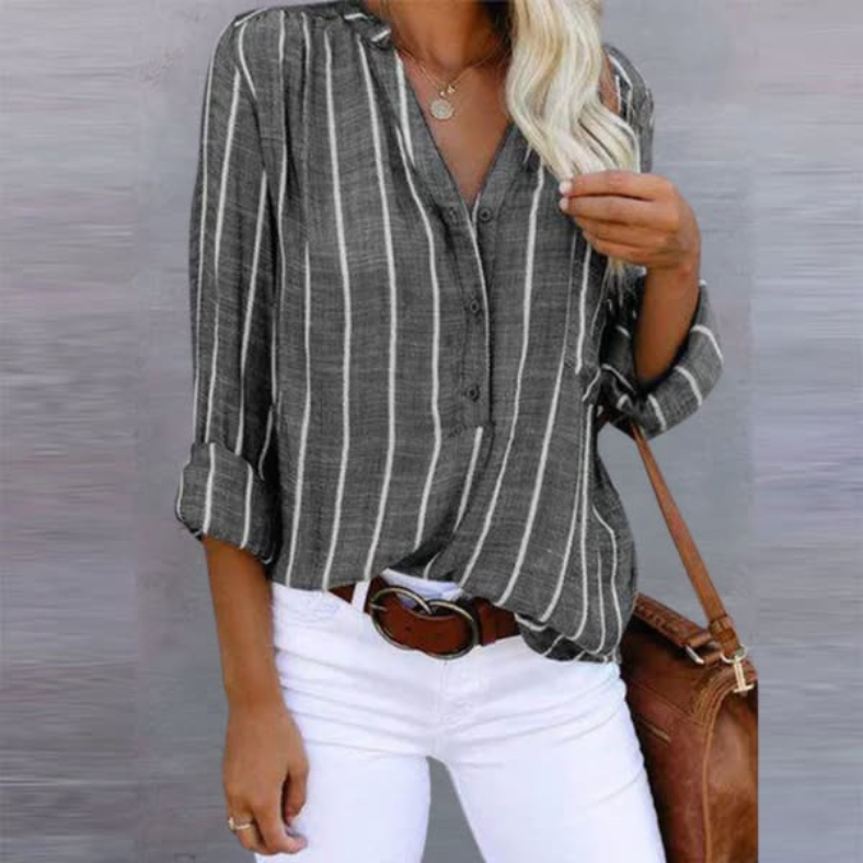 Zoe | Women's Casual Relaxed Fit Vertical Stripe Long Sleeve Button Down Top 4